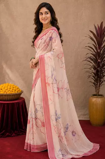 off white pink chanderi cotton blend printed work 1 minute ready to wear saree with unstitched blouse piece
