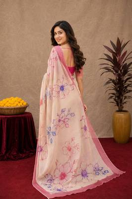  off white pink chanderi cotton blend printed work 1 minute ready to wear saree with unstitched blouse piece 4