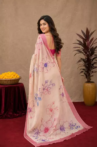  off white pink chanderi cotton blend printed work 1 minute ready to wear saree with unstitched blouse piece