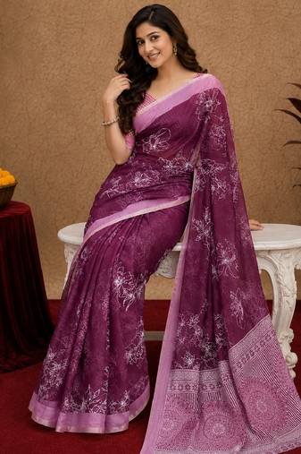  wine chanderi cotton blend printed work 1 minute ready to wear saree with unstitched blouse piece