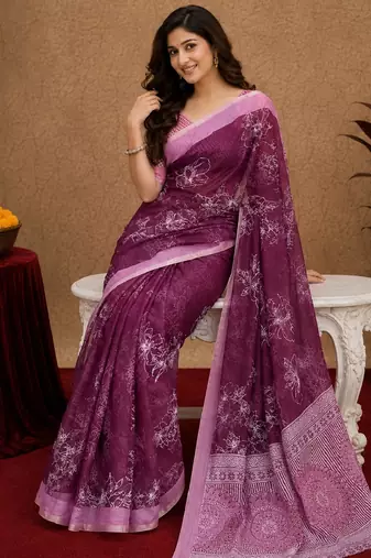 wine chanderi cotton blend printed work 1 minute ready to wear saree with unstitched blouse piece