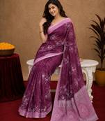  wine chanderi cotton blend printed work 1 minute ready to wear saree with unstitched blouse piece