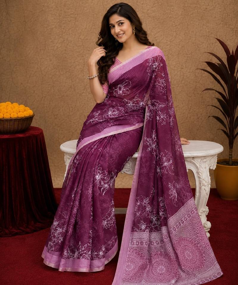  wine chanderi cotton blend printed work 1 minute ready to wear saree with unstitched blouse piece