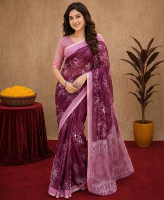  wine chanderi cotton blend printed work 1 minute ready to wear saree with unstitched blouse piece 2