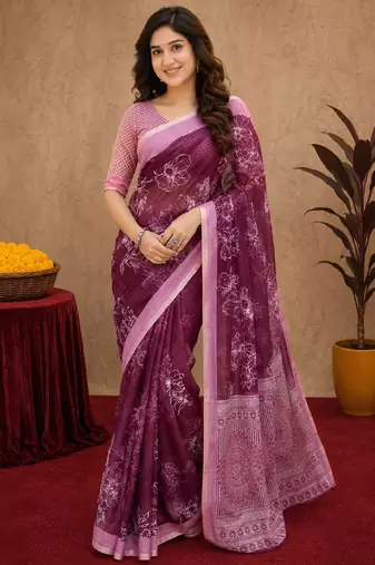  wine chanderi cotton blend printed work 1 minute ready to wear saree with unstitched blouse piece