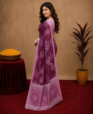  wine chanderi cotton blend printed work 1 minute ready to wear saree with unstitched blouse piece 3