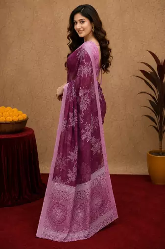  wine chanderi cotton blend printed work 1 minute ready to wear saree with unstitched blouse piece