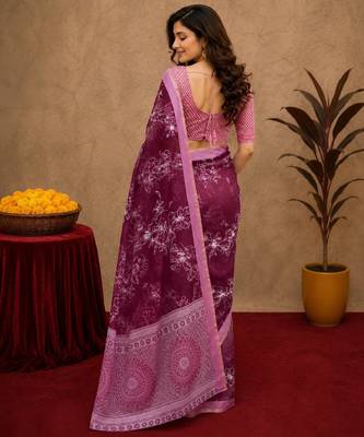  wine chanderi cotton blend printed work 1 minute ready to wear saree with unstitched blouse piece 4