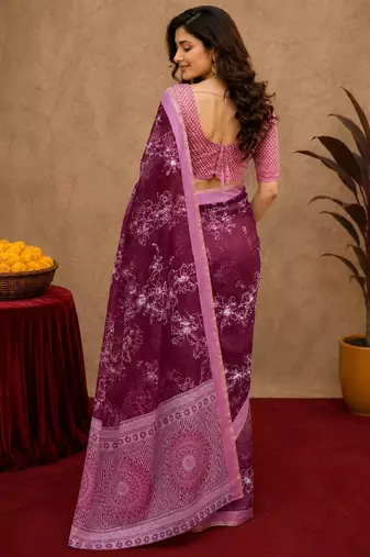  wine chanderi cotton blend printed work 1 minute ready to wear saree with unstitched blouse piece