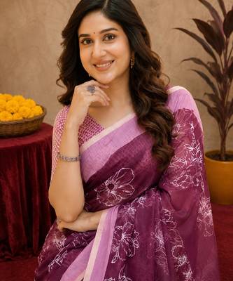  wine chanderi cotton blend printed work 1 minute ready to wear saree with unstitched blouse piece 5
