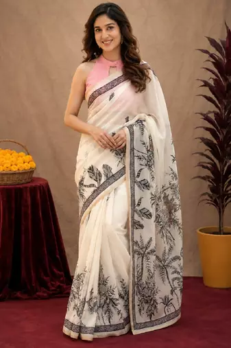  white chanderi cotton blend printed work 1 minute ready to wear saree with unstitched blouse piece