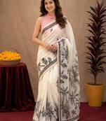  white chanderi cotton blend printed work 1 minute ready to wear saree with unstitched blouse piece