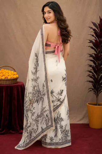  white chanderi cotton blend printed work 1 minute ready to wear saree with unstitched blouse piece