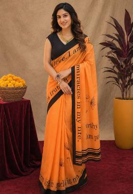  orange black chanderi cotton blend printed  1 minute ready to wear saree with unstitched blouse piece 1