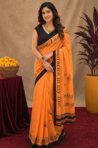  orange black chanderi cotton blend printed  1 minute ready to wear saree with unstitched blouse piece