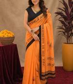  orange black chanderi cotton blend printed  1 minute ready to wear saree with unstitched blouse piece