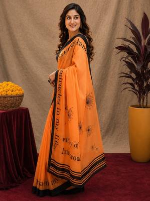 orange black chanderi cotton blend printed  1 minute ready to wear saree with unstitched blouse piece 2