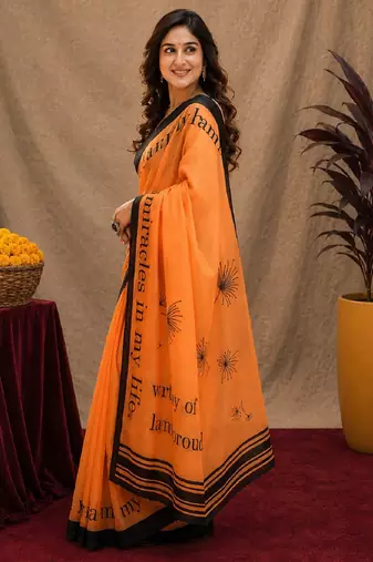  orange black chanderi cotton blend printed  1 minute ready to wear saree with unstitched blouse piece