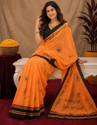  orange black chanderi cotton blend printed  1 minute ready to wear saree with unstitched blouse piece 4