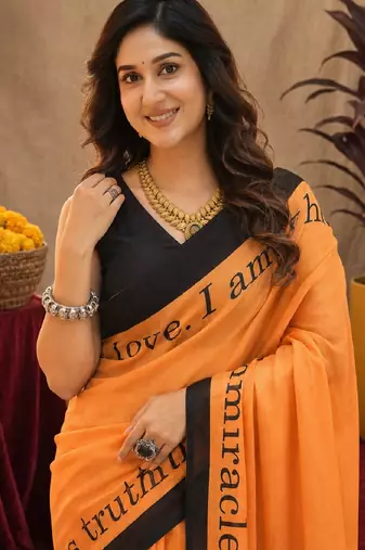  orange black chanderi cotton blend printed  1 minute ready to wear saree with unstitched blouse piece