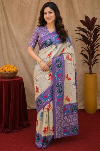  lavendr cream chanderi cotton blend printed  1 minute ready to wear saree with unstitched blouse piece