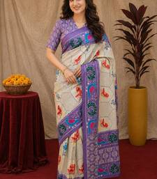  lavendr cream chanderi cotton blend printed  1 minute ready to wear saree with unstitched blouse piece
