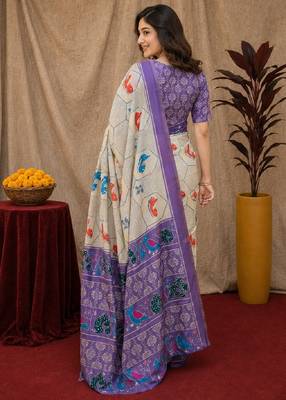  lavendr cream chanderi cotton blend printed  1 minute ready to wear saree with unstitched blouse piece 3