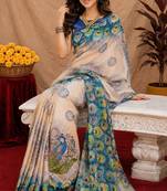  beage blue chanderi cotton blend printed  1 minute ready to wear saree with unstitched blouse piece