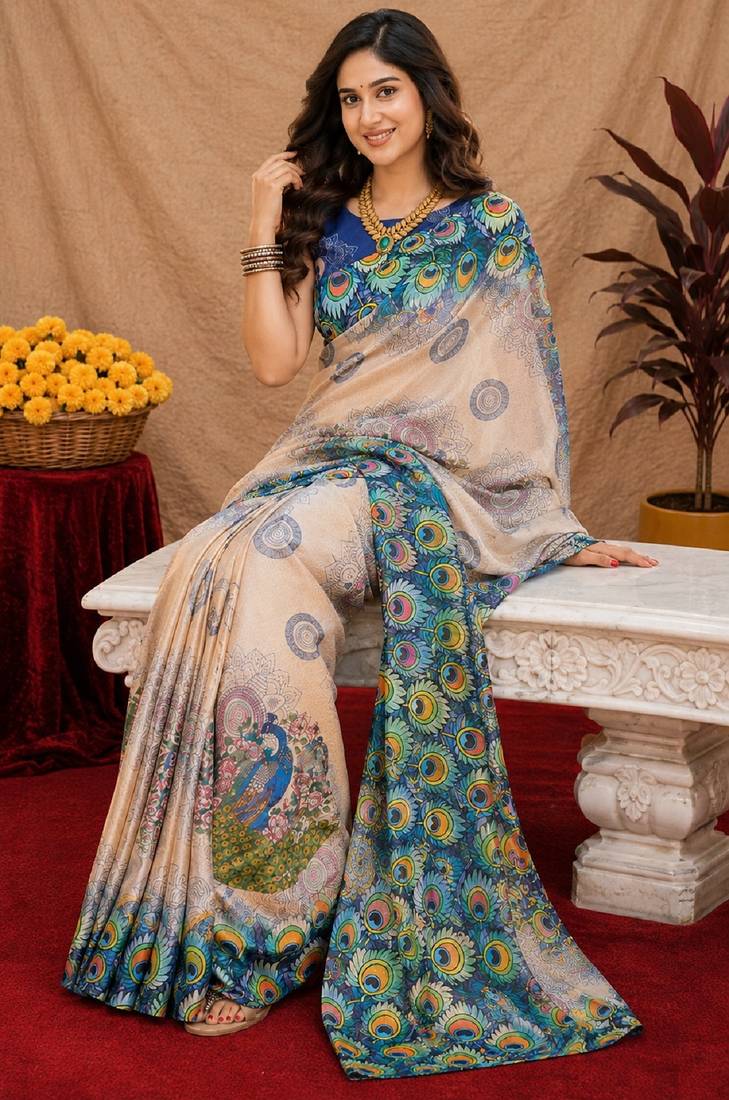  beage blue chanderi cotton blend printed  1 minute ready to wear saree with unstitched blouse piece