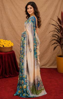  beage blue chanderi cotton blend printed  1 minute ready to wear saree with unstitched blouse piece 2
