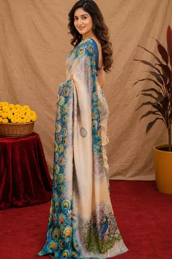  beage blue chanderi cotton blend printed  1 minute ready to wear saree with unstitched blouse piece