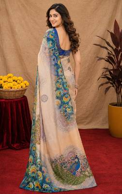  beage blue chanderi cotton blend printed  1 minute ready to wear saree with unstitched blouse piece 3