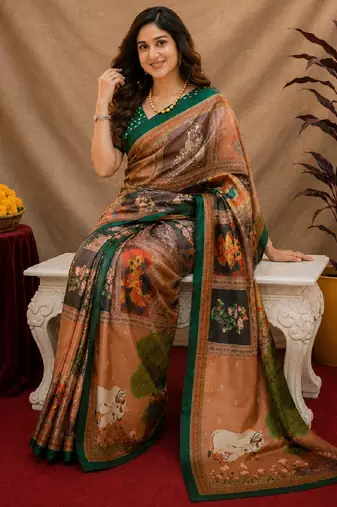  cram green chanderi cotton blend printed  1 minute ready to wear saree with unstitched blouse piece
