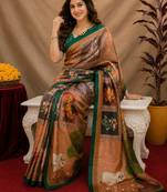  cram green chanderi cotton blend printed  1 minute ready to wear saree with unstitched blouse piece