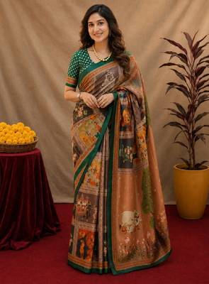  cram green chanderi cotton blend printed  1 minute ready to wear saree with unstitched blouse piece 2