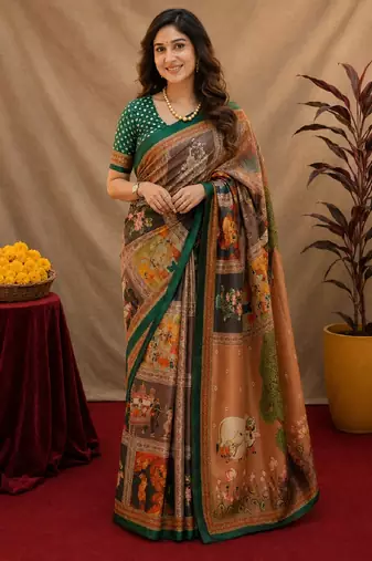  cram green chanderi cotton blend printed  1 minute ready to wear saree with unstitched blouse piece