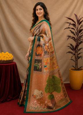  cram green chanderi cotton blend printed  1 minute ready to wear saree with unstitched blouse piece 3