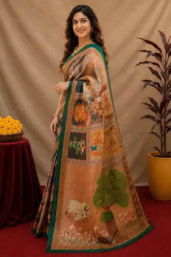  cram green chanderi cotton blend printed  1 minute ready to wear saree with unstitched blouse piece