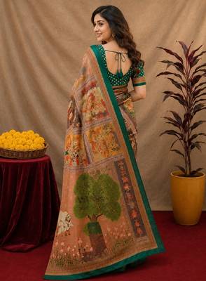  cram green chanderi cotton blend printed  1 minute ready to wear saree with unstitched blouse piece 4