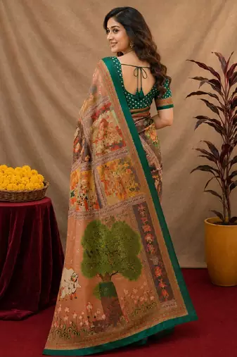  cram green chanderi cotton blend printed  1 minute ready to wear saree with unstitched blouse piece