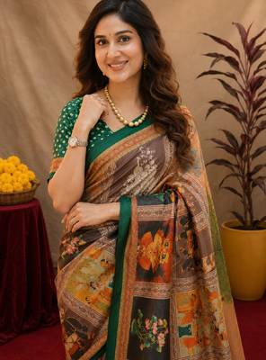  cram green chanderi cotton blend printed  1 minute ready to wear saree with unstitched blouse piece 5