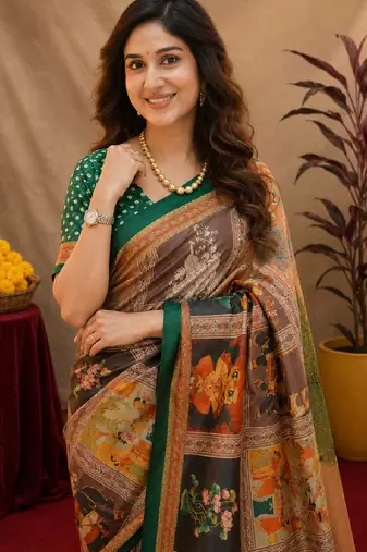  cram green chanderi cotton blend printed  1 minute ready to wear saree with unstitched blouse piece
