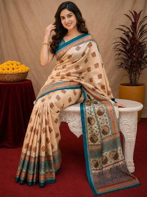  cream turquoise chanderi cotton blend printed 1 minute ready to wear saree with unstitched blouse piece 1