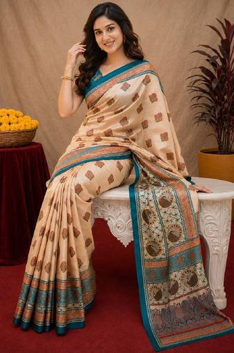  cream turquoise chanderi cotton blend printed 1 minute ready to wear saree with unstitched blouse piece
