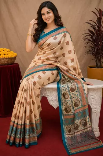  cream turquoise chanderi cotton blend printed 1 minute ready to wear saree with unstitched blouse piece