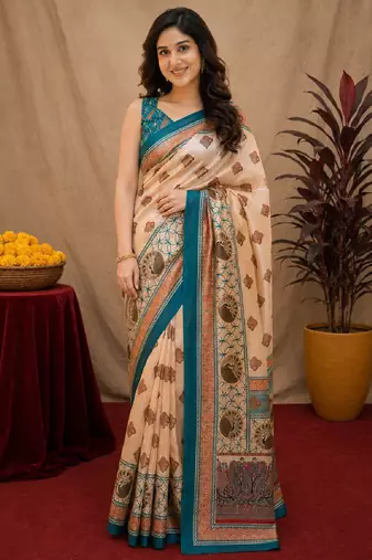  cream turquoise chanderi cotton blend printed 1 minute ready to wear saree with unstitched blouse piece
