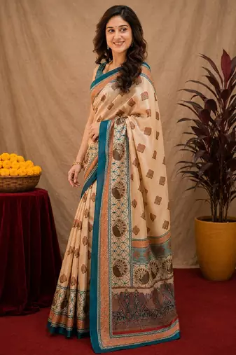  cream turquoise chanderi cotton blend printed 1 minute ready to wear saree with unstitched blouse piece