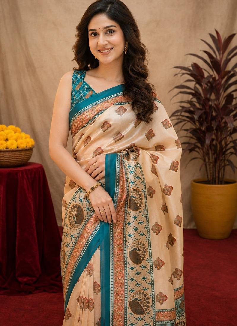  cream turquoise chanderi cotton blend printed 1 minute ready to wear saree with unstitched blouse piece