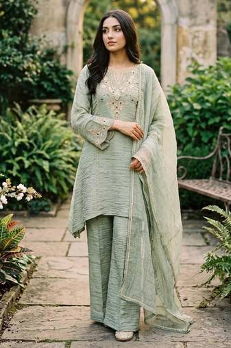 Green silk blend embroidered palazzo set