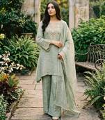 Green silk blend embroidered palazzo set